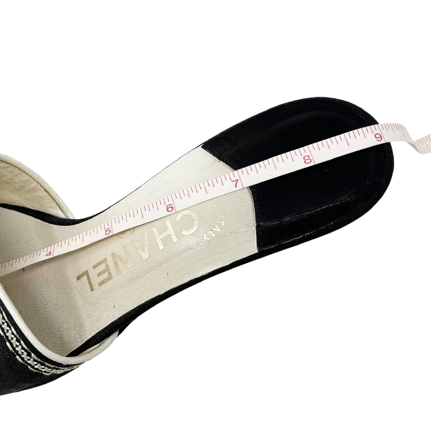 CHANEL Vintage CC Mark Logo Sandals Heels #36 Stitch Black White Cotton Leather