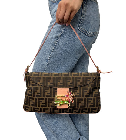 FENDI Vintage FF Mamma Baguette Flower Shoulder Bag Brown Salmon Pink 902468
