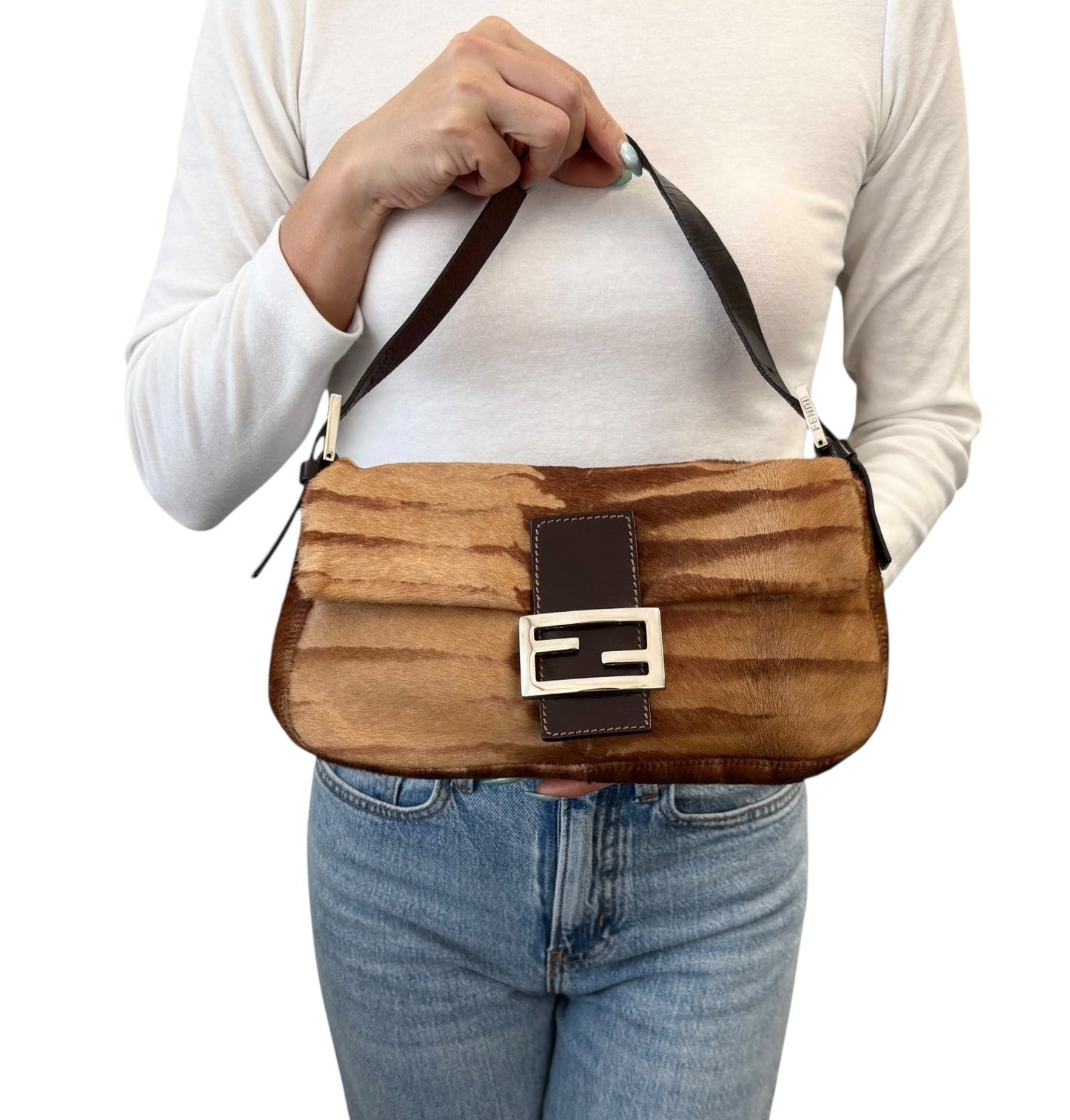 FENDI Vintage Mamma Baguette Pony Calf Hair Shoulder Bag Brown Beige 901889