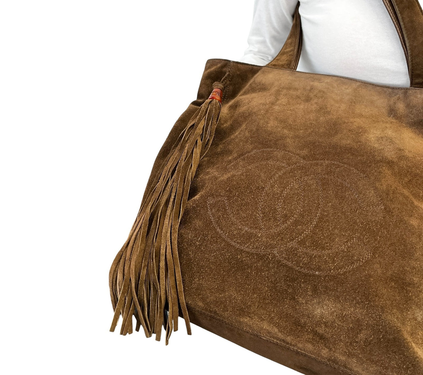 CHANEL Vintage CC Logo Suede Shoulder Tote Bag Fringe Brown Stitch 902594