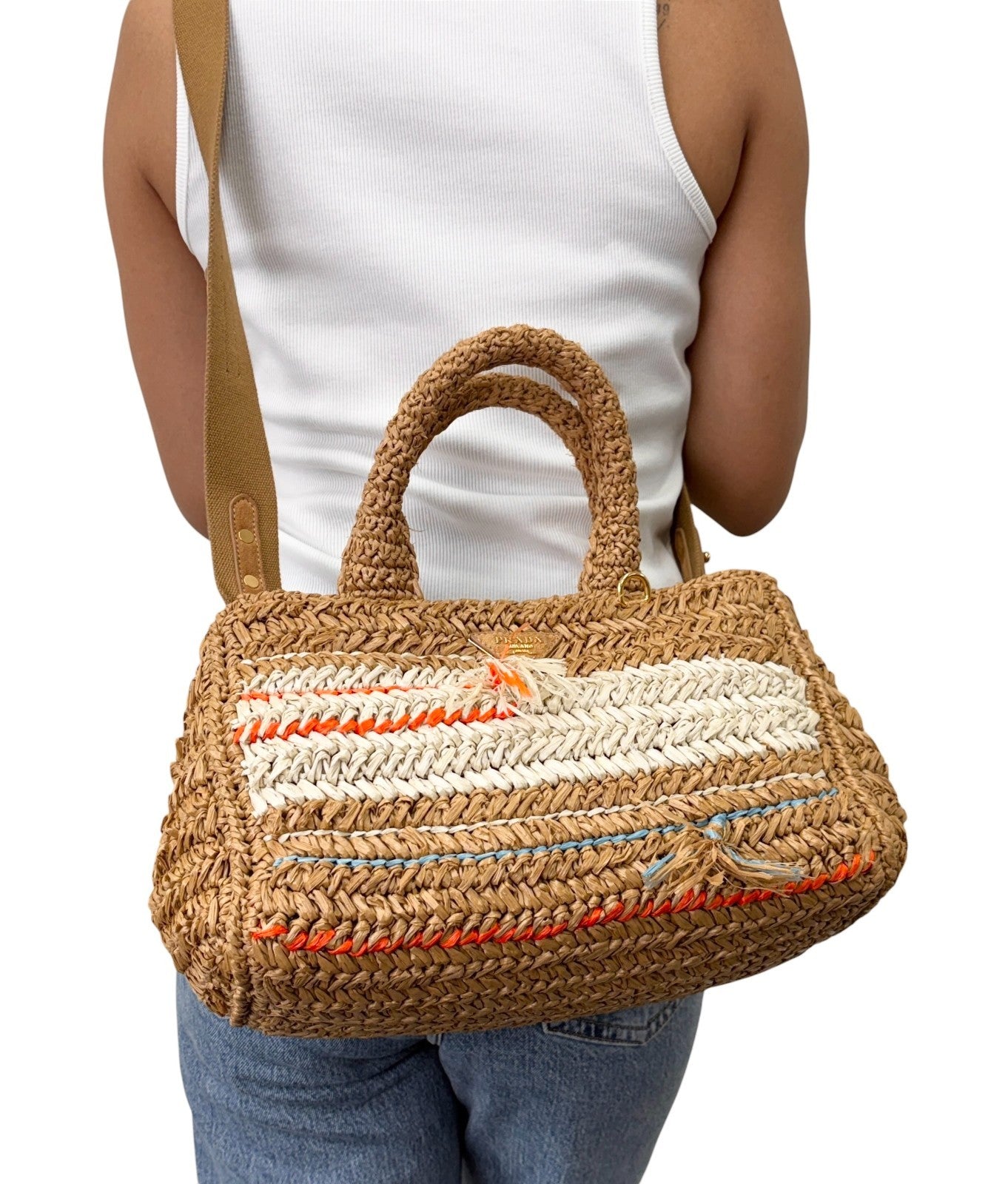 PRADA Vintage Raffia Straw Tote Crossbody Bag 2way Brown Multicolor 901877