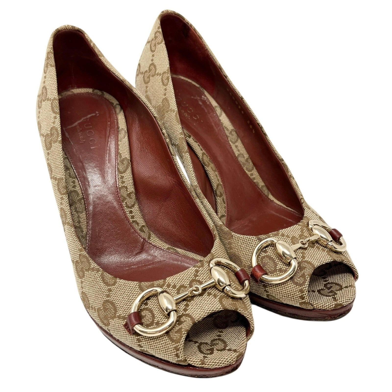 GUCCI Vintage GG Monogram Logo Sandals Heels #36.5 Beige Red Canvas Leather