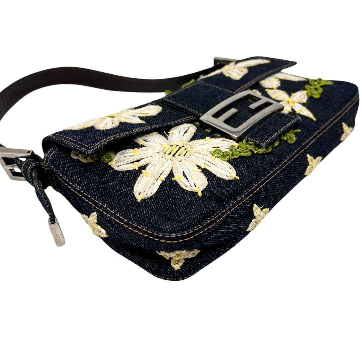FENDI Vintage Mamma Baguette Denim Shoulder Bag Flower Blue Cotton 901871