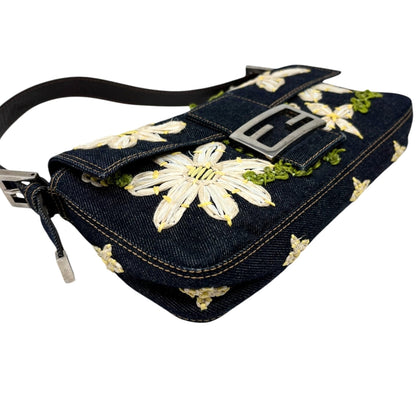 FENDI Vintage Mamma Baguette Denim Shoulder Bag Flower Blue Cotton 901871