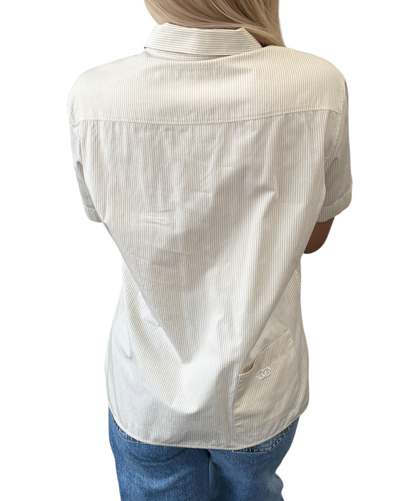 CHANEL Vintage 99P CC Logo Button Up Shirt Top Short Sleeve #40 Beige Pocket