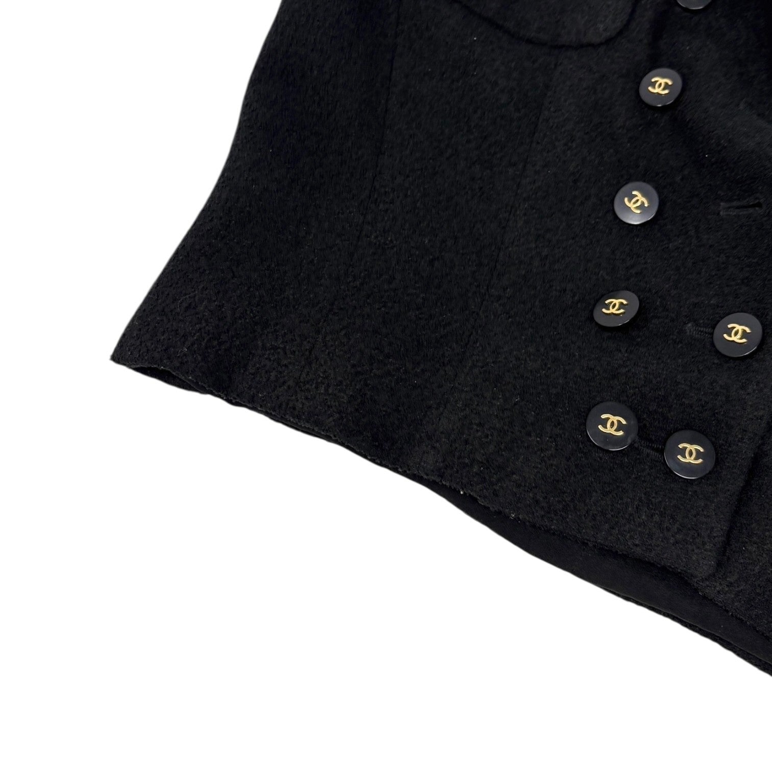 CHANEL Vintage 95P CC Mark Logo Cropped Jacket #36 Button Black Gold Wool