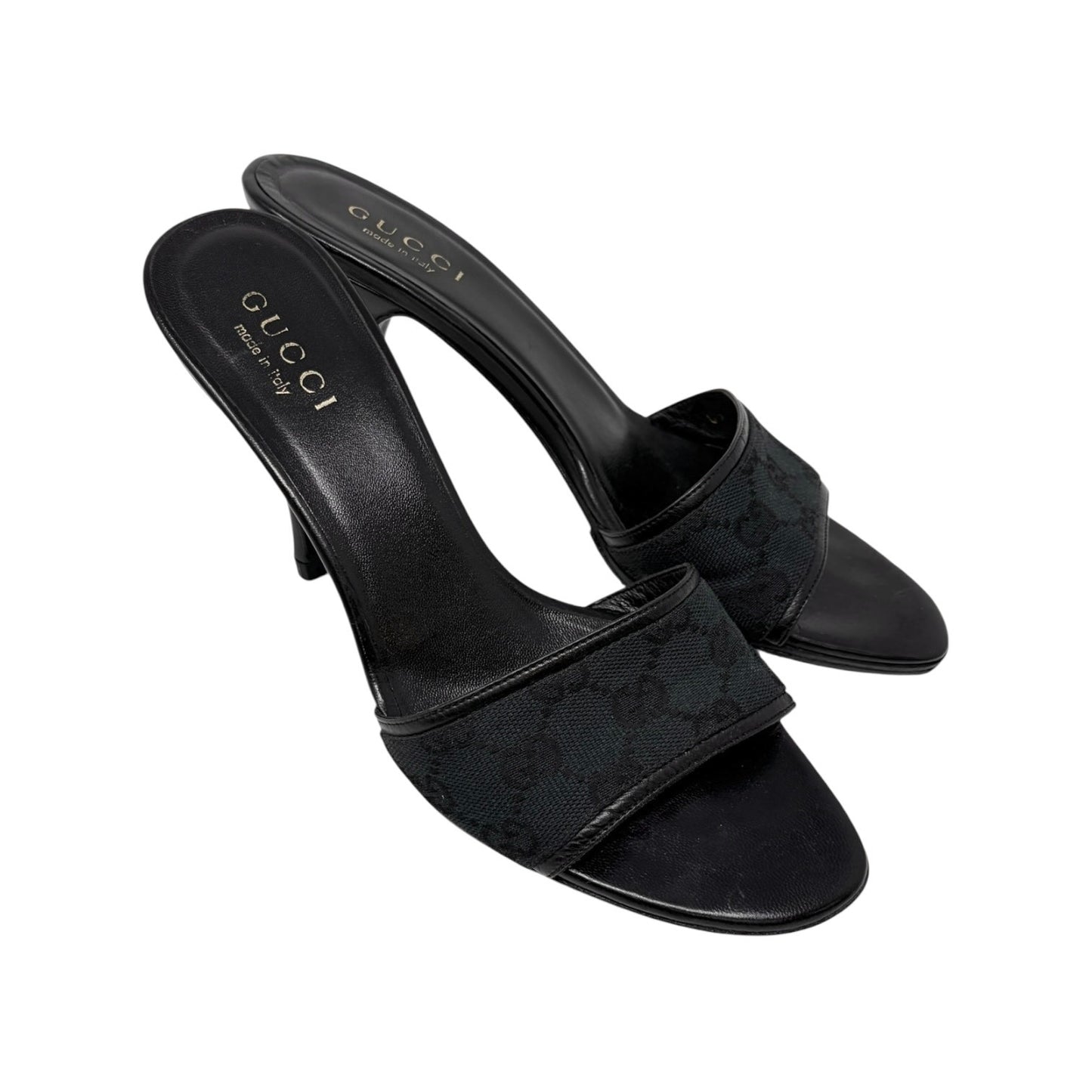 GUCCI Vintage GG Monogram Open Toe Sandals #37.5 Black Heels Canvas