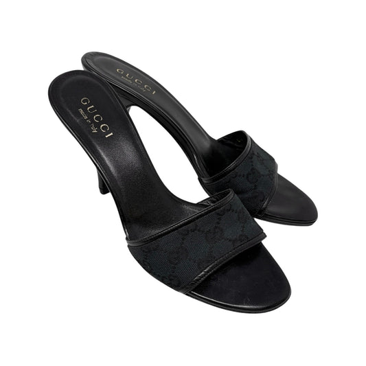 GUCCI Vintage GG Monogram Open Toe Sandals #37.5 Black Heels Canvas