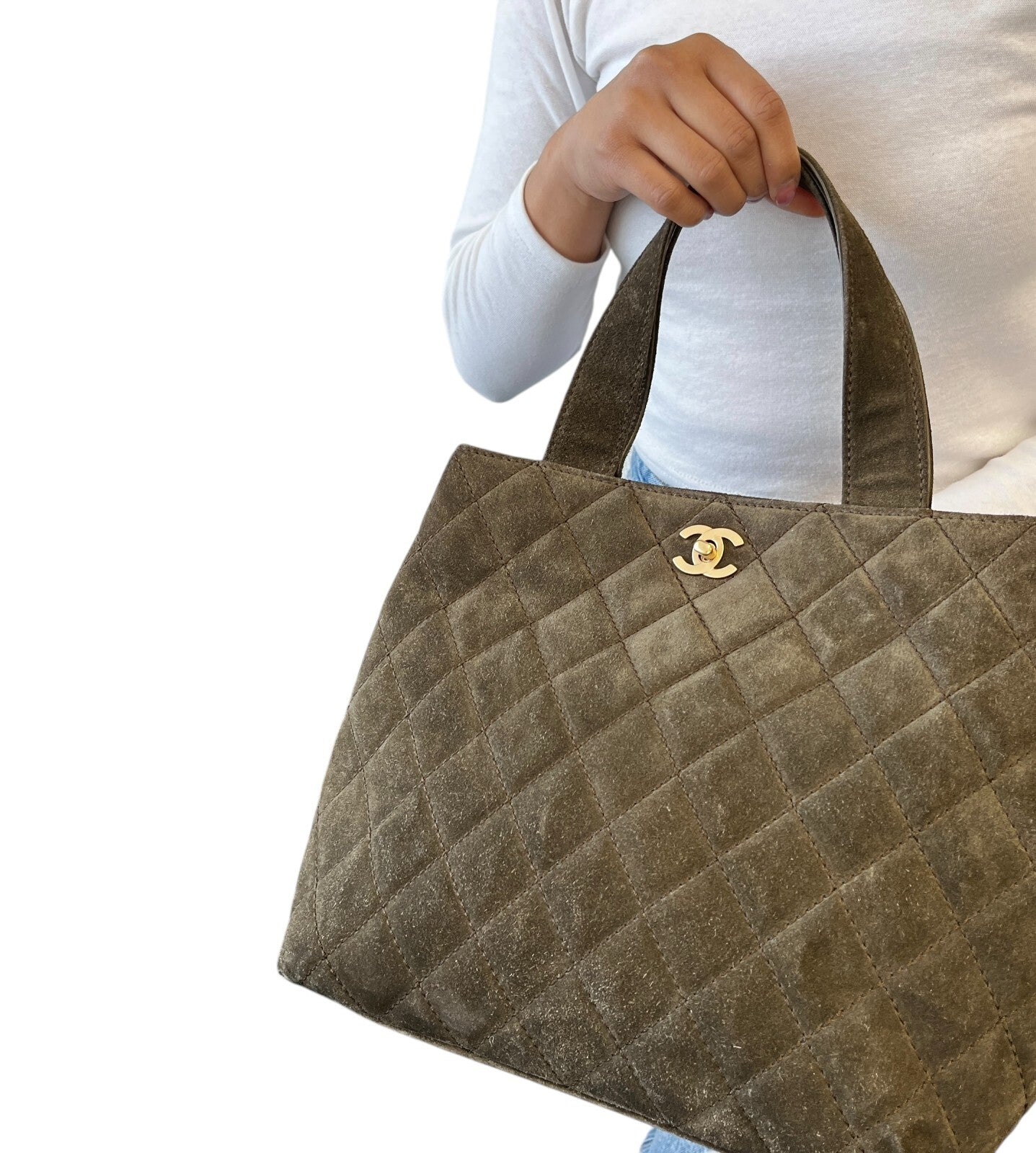 CHANEL Vintage CC Mark Logo Tote Bag Handbag Turnlock Brown Gold Suede Stitch