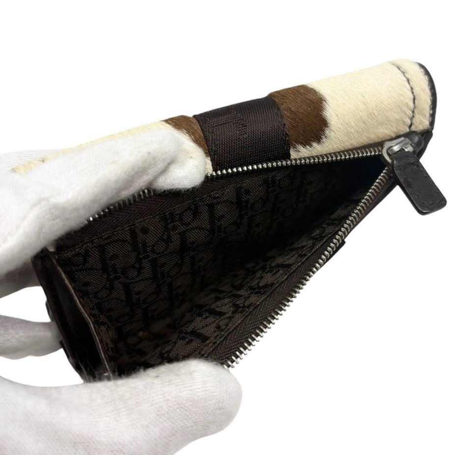 Dior Vintage Logo Cow Print Pony Calf Hair Mini Wallet Brown White 901888