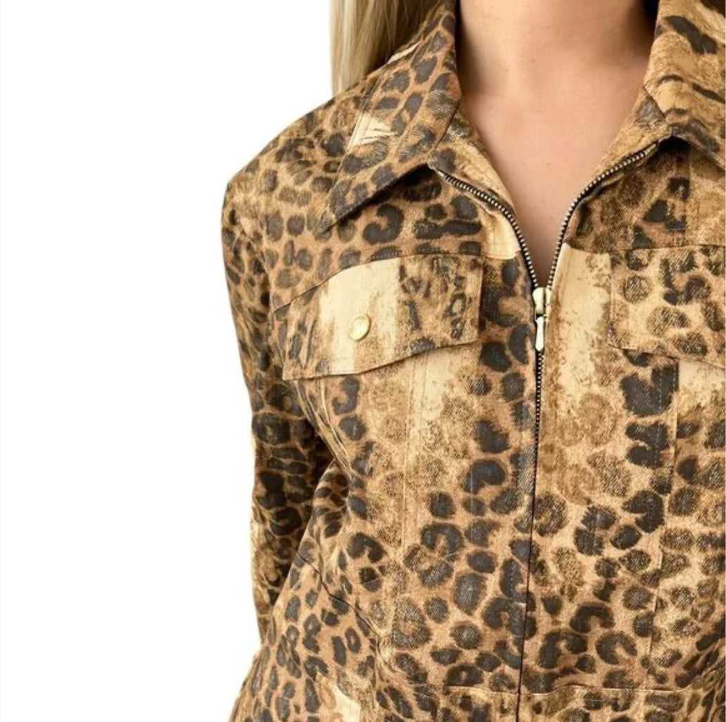 Christian Dior Vintage 2000 Logo Leopard Denim Jacket Coat #38 Brown Cotton
