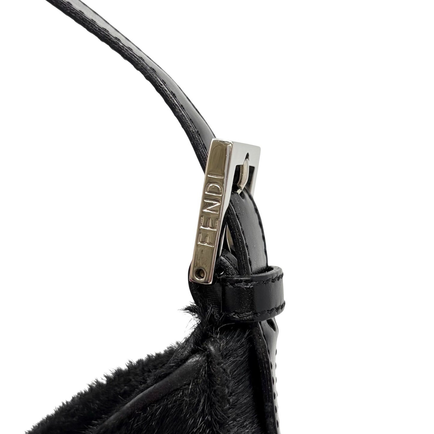 FENDI Vintage FF Logo Pony Calf Hair Hobo Shoulder Bag Black Silver 902040