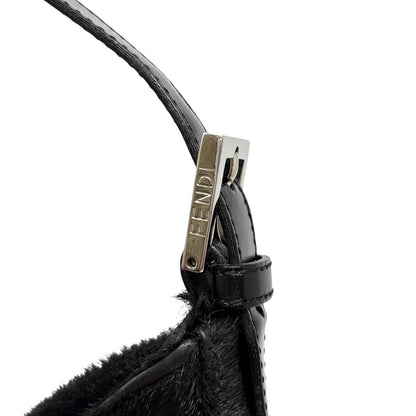 FENDI Vintage FF Logo Pony Calf Hair Hobo Shoulder Bag Black Silver 902040