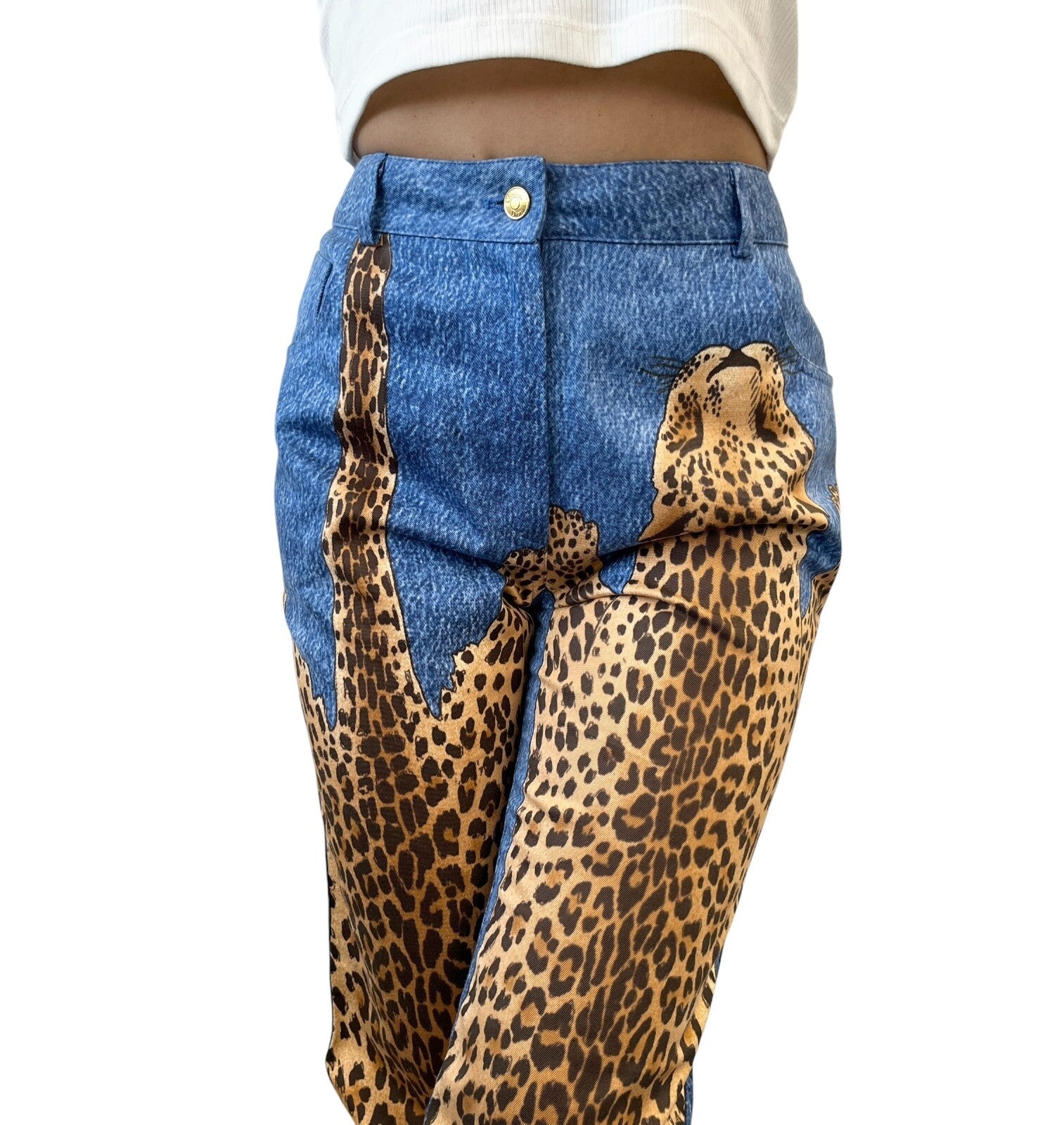 Christian Dior Vintage 2000 AW Runway Cheetah Denim Pants #40 Blue Gold Cotton