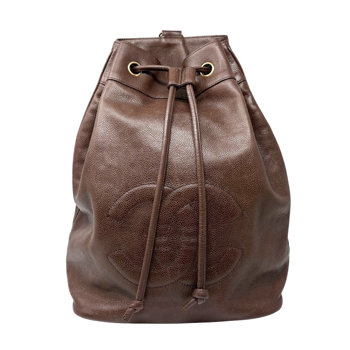 CHANEL Vintage CC Logo Drawstring Backpack Bag Brown Gold Leather 902312