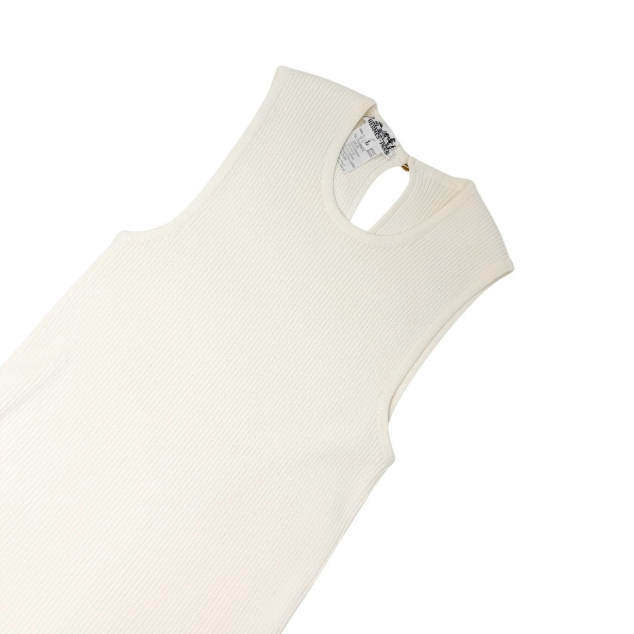 HERMES Vintage Logo Clou de Selle Button Rib Knit Tank Top #L White Gold Viscose