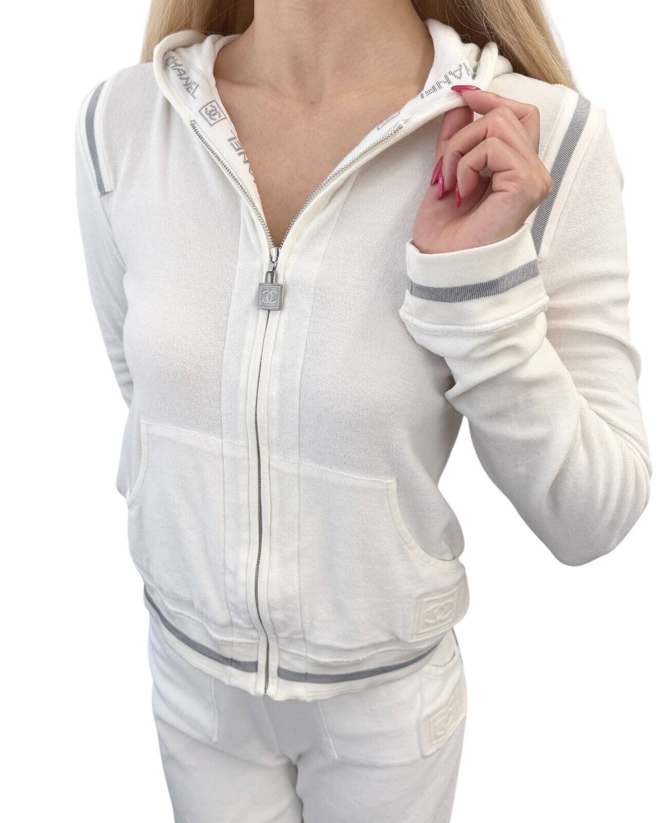 CHANEL Sport Vintage 06C CC Logo Hoodie Pants Set Up #36 White Cotton Zip