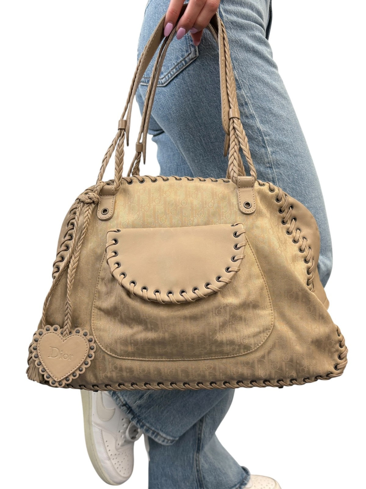 Christian Dior Vintage Trotter Monogram Canvas Ethnic Shoulder Bag Beige Heart