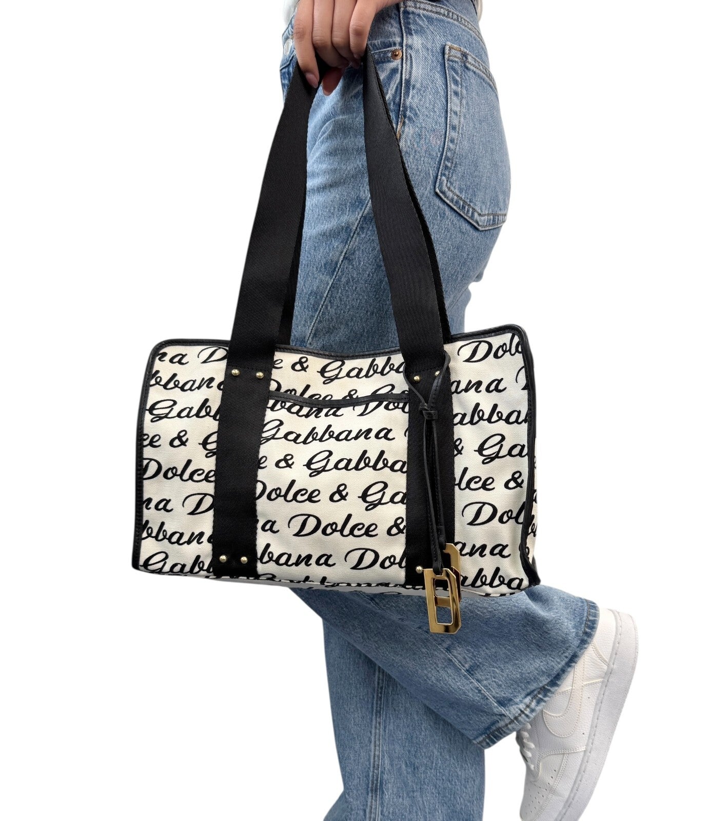 DOLCE&GABBANA Vintage D&G Logo Shoulder Bag White Black Gold Canvas Leather