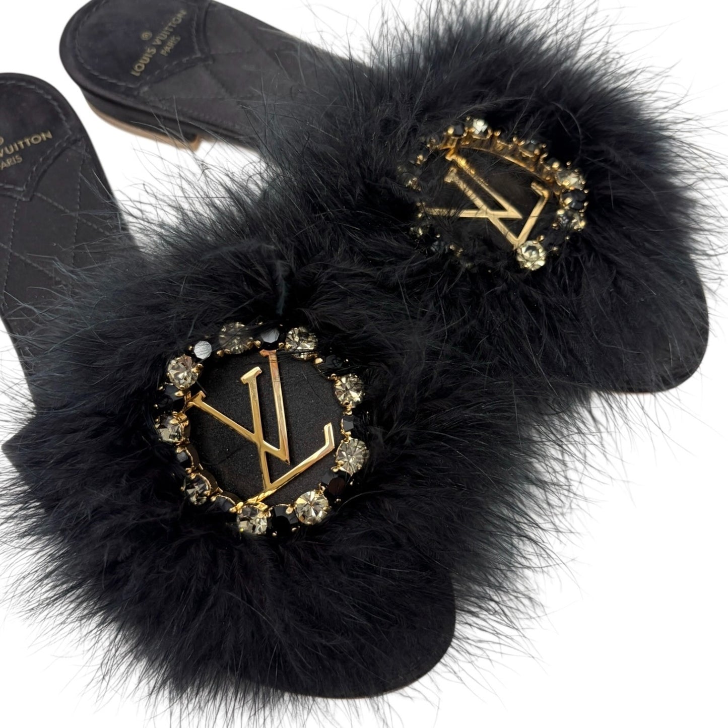 LOUIS VUITTON LV Bijou Logo Fur Flat Sandals #38 Rhinestone Black Satin