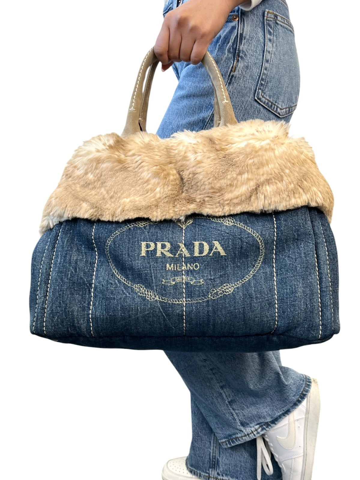 PRADA Vintage Canapa Big Logo Denim Tote Bag Blue Cream Suede Stitch