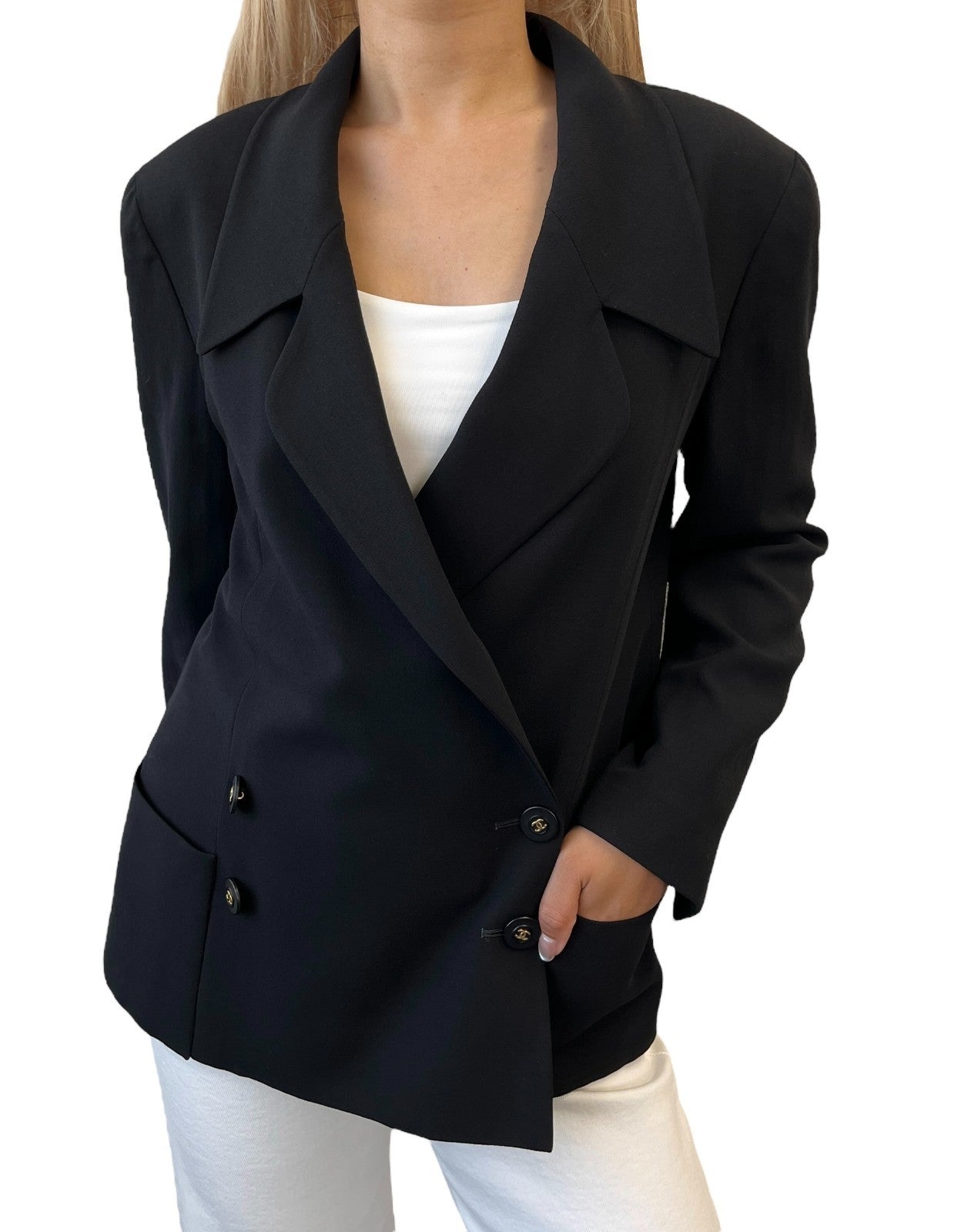 CHANEL Vintage 94P CC Mark Logo Jacket Button Black Gold Long Sleeve Collar