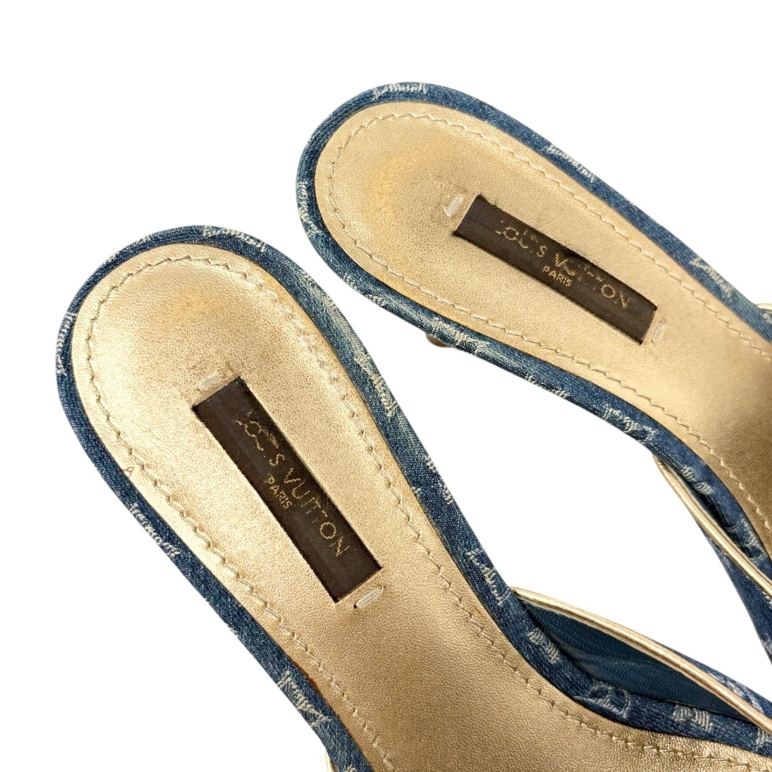 LOUIS VUITTON Vintage LV Monogram Denim Flower Heels Sandals #37 Blue Gold