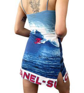 CHANEL Vintage Surf 02S CC Logo Mini Dress #38 Side Slit Blue Cotton RankAB