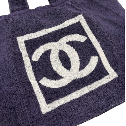 CHANEL Sport Vintage CC Big Logo Beach Terry Cloth Tote Bag Dark Blue 902369