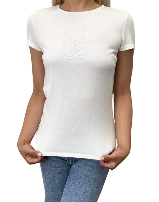 CHANEL Vintage 05C CC Logo Knit T-shirt Top #38 White Short Sleeve 902424