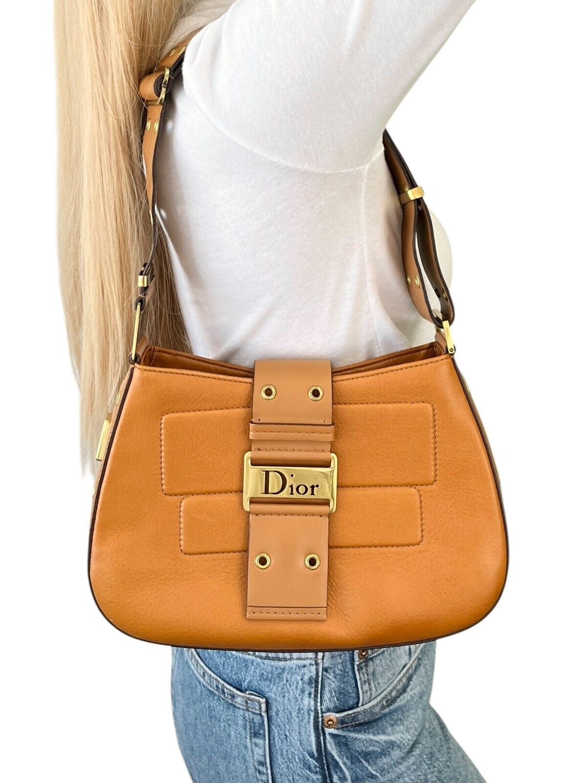 Christian Dior Vintage Logo Street Chic Shoulder Bag Brown Gold Leather