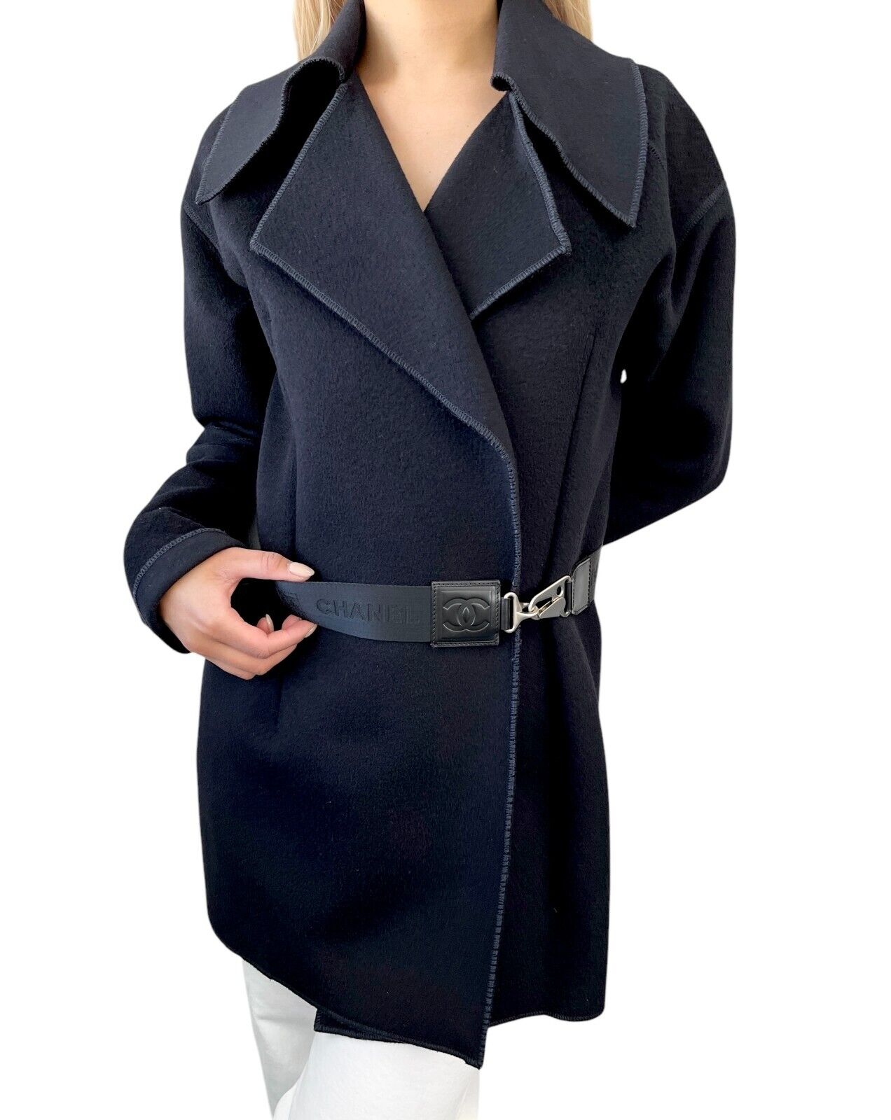 CHANEL Sport Vintage 04A CC Mark Logo Coat Jacket #36 Belt Black Silver Wool