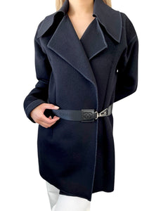 CHANEL Sport Vintage 04A CC Mark Logo Coat Jacket #36 Belt Black Silver Wool