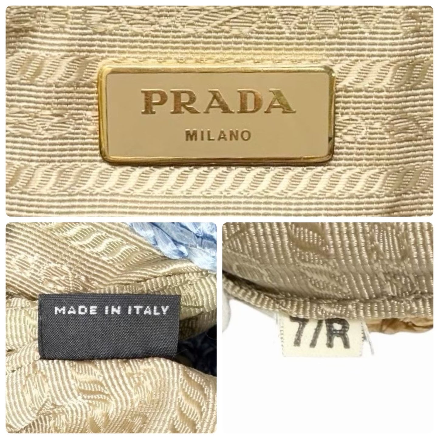 PRADA Vintage Triangle Logo Raffia Canapa Tote Bag Beige Blue Crochet 902055