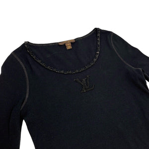 LOUIS VUITTON Vintage LV Beads Logo Top #M Short Sleeve Black Cotton Rank AB+