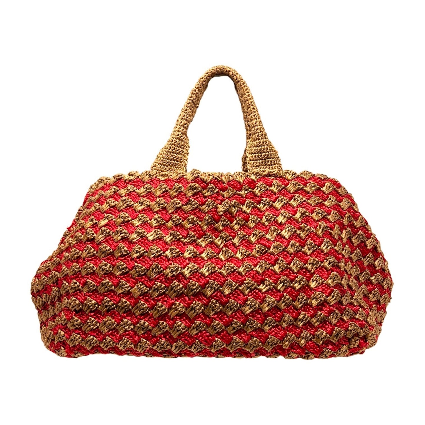 PRADA Vintage Triangle Logo Raffia Canapa Tote Bag Brown Red Crochet 902049
