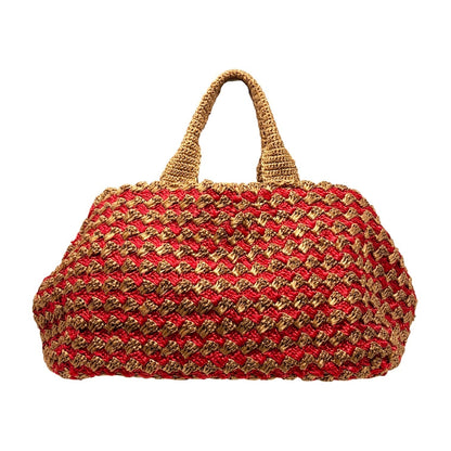 PRADA Vintage Triangle Logo Raffia Canapa Tote Bag Brown Red Crochet 902049