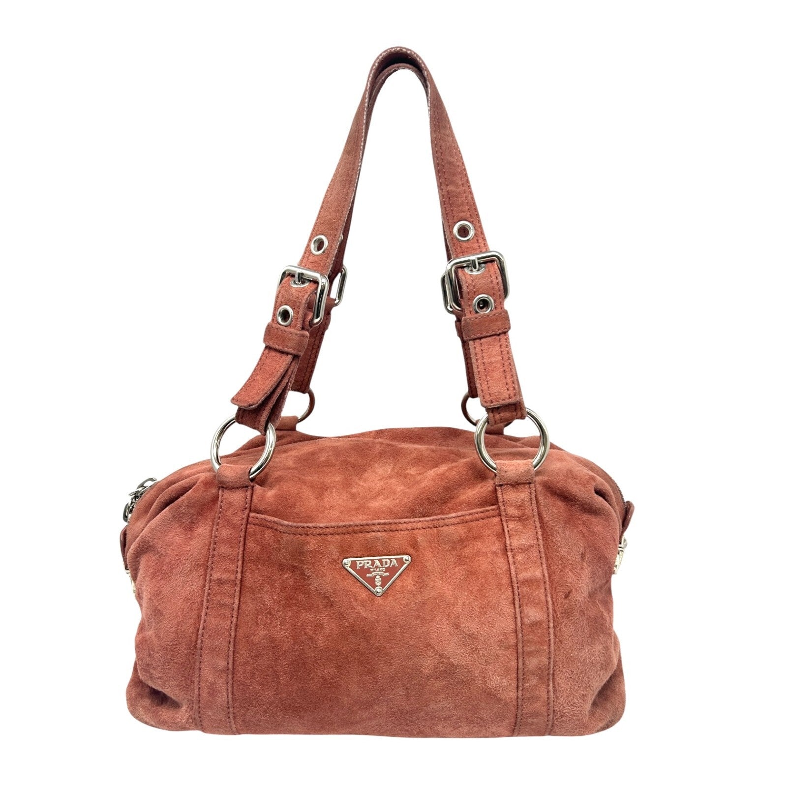 PRADA Vintage Logo Shoulder Bag Tote Red Brown Silver Handbag Suede Zip