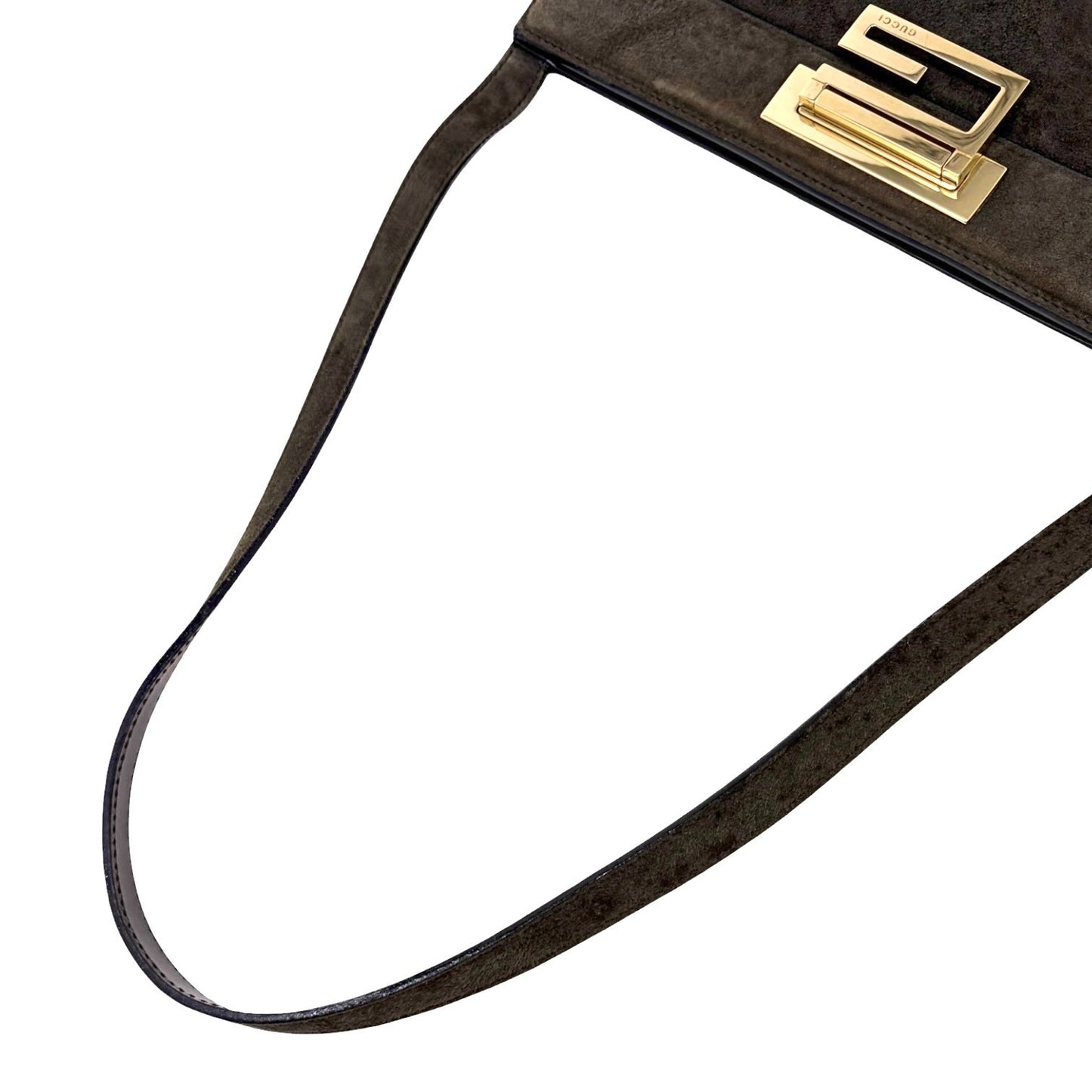 GUCCI Vintage G Square Logo Shoulder Bag Brown Gold Suede Leather 902021