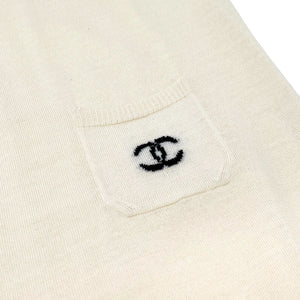 CHANEL Vintage 05A CC Mark Logo Knit T-shirt Top #36 Pocket Cream Wool Rank AB+