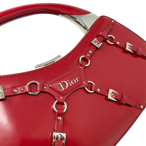 Christian Dior Vintage Logo Bondage Top Handle Bag Red Silver Leather Rank AB