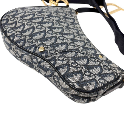 Christian Dior Vintage 2004 Trotter Monogram Saddle Bag Dark Blue Gold Canvas