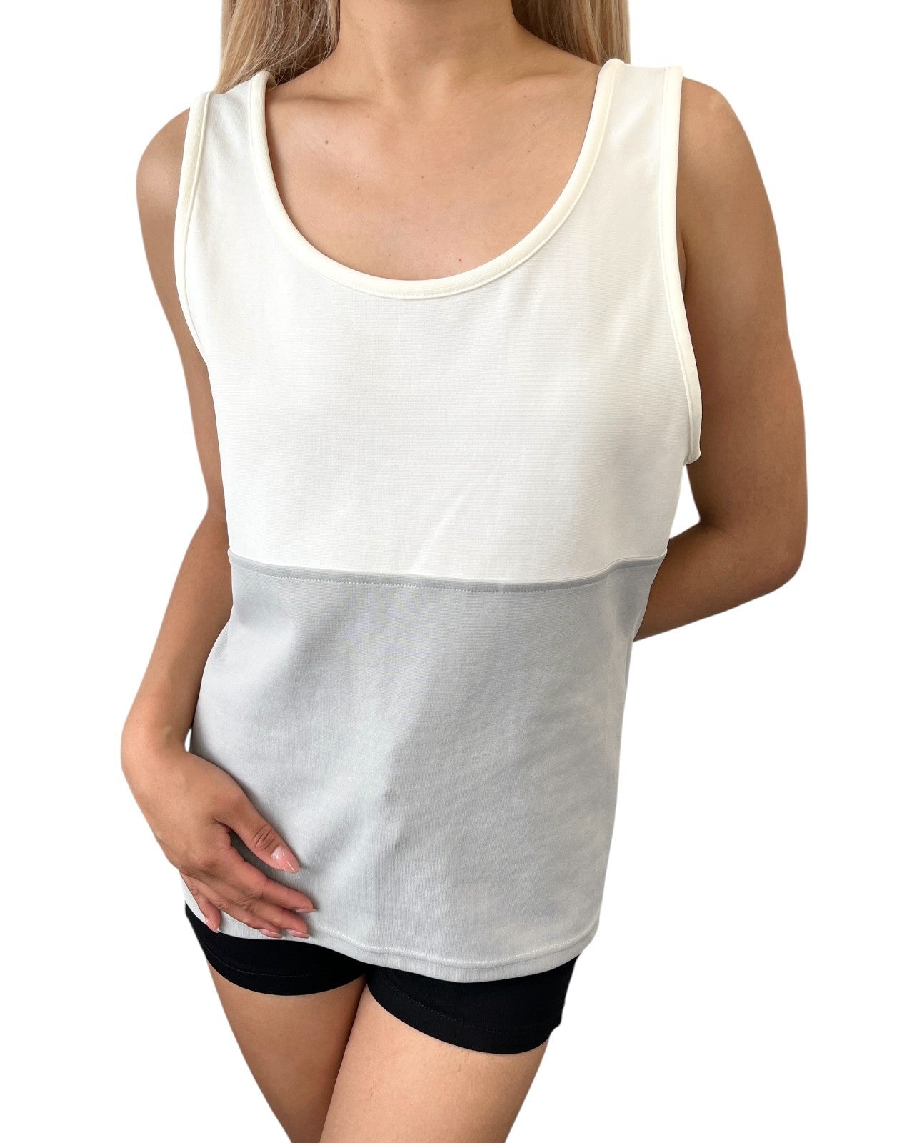 CHANEL Sport Vintage 01P Big CC Logo Tank Top #42 Gray White Nylon 106915