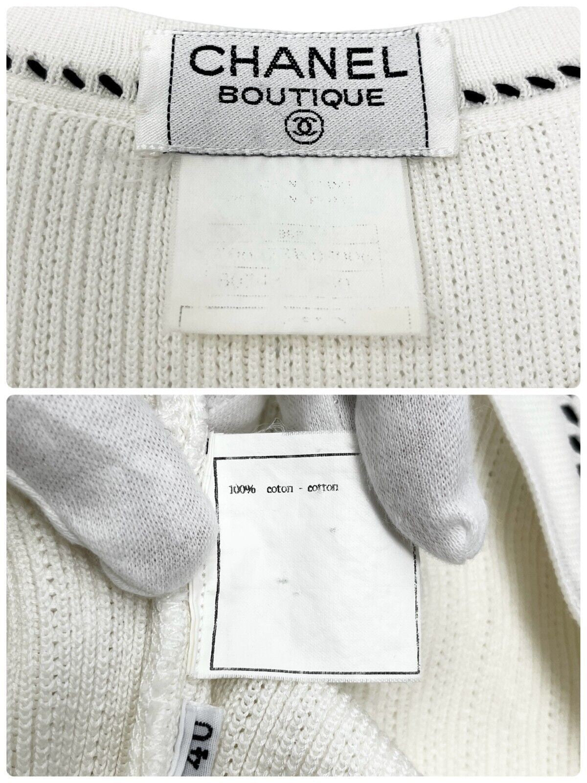 CHANEL Vintage 96P CC Logo Rib Knit Cardigan Top #40 Short Sleeve White Cotton