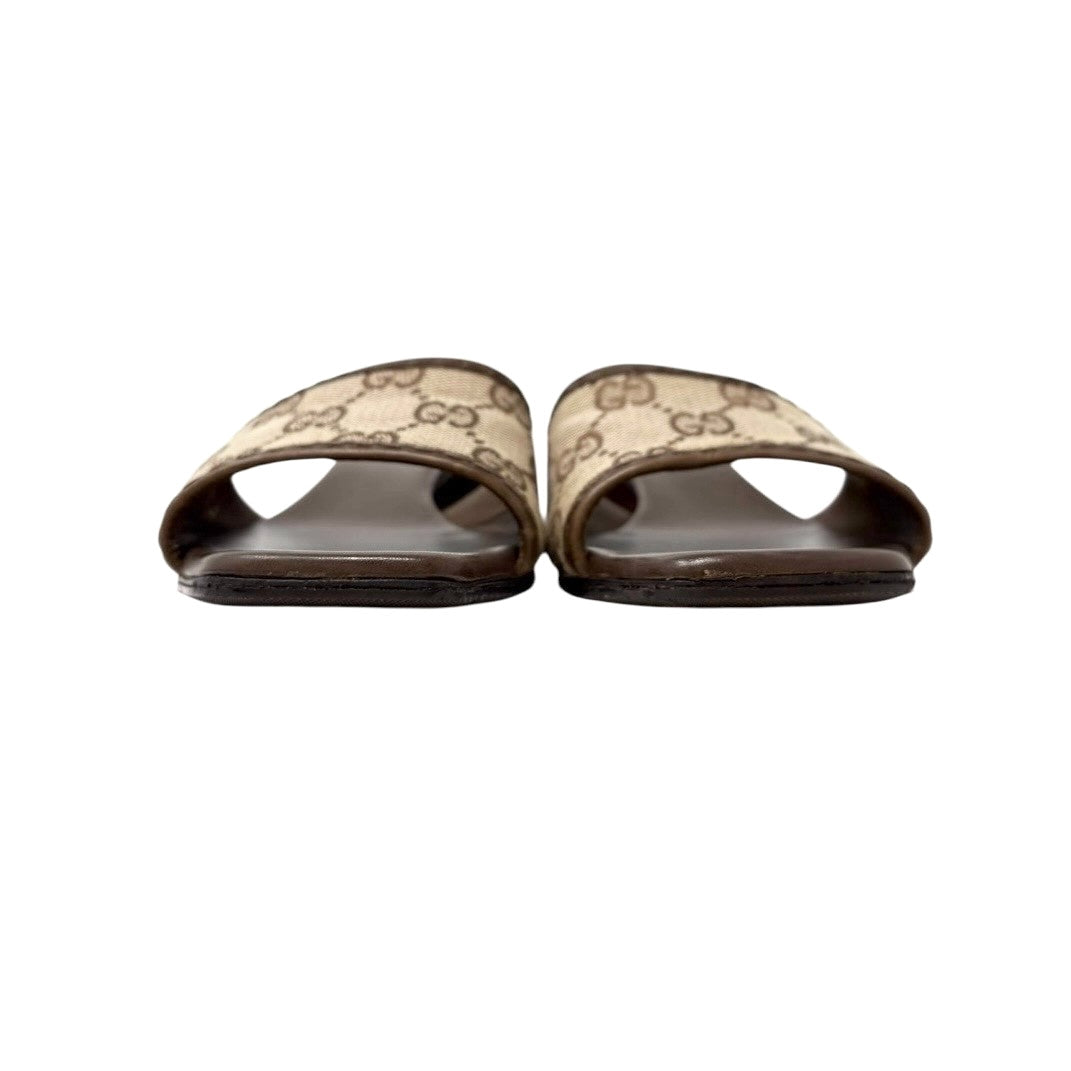 GUCCI Vintage GG Logo Monogram Sandals Block Heels #36.5 Brown Canvas Leather