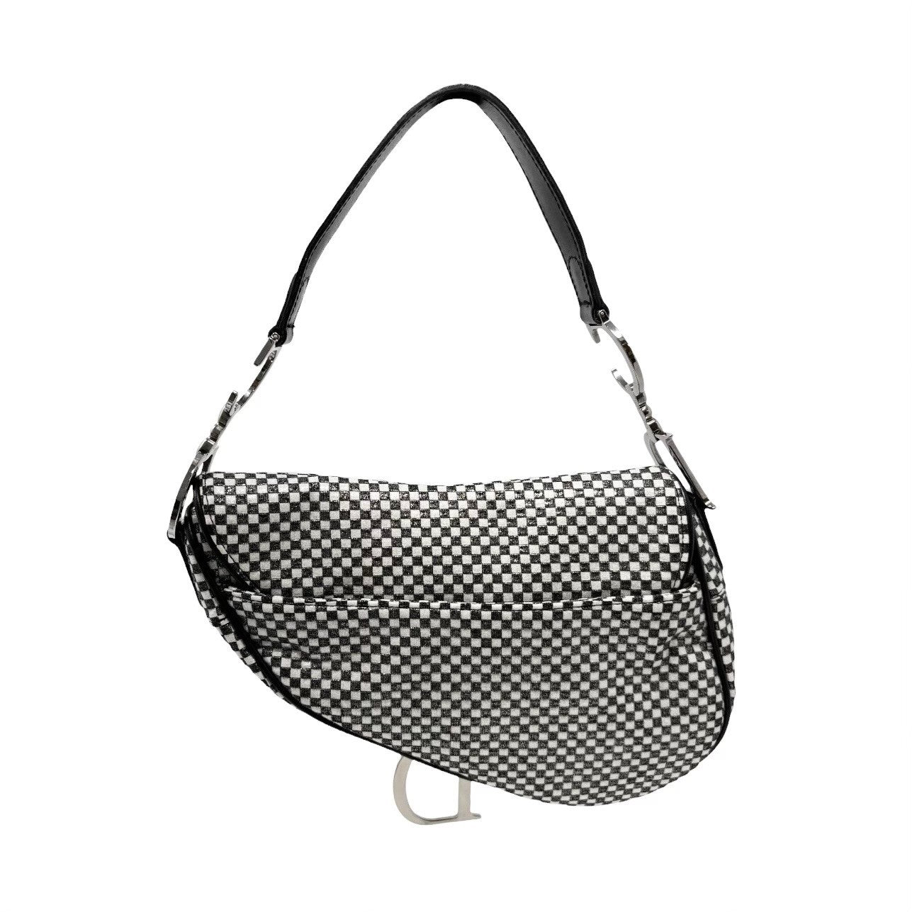 Christian Dior Vintage 2002 Checkered Glitter Saddle Bag Black Silver Cotton