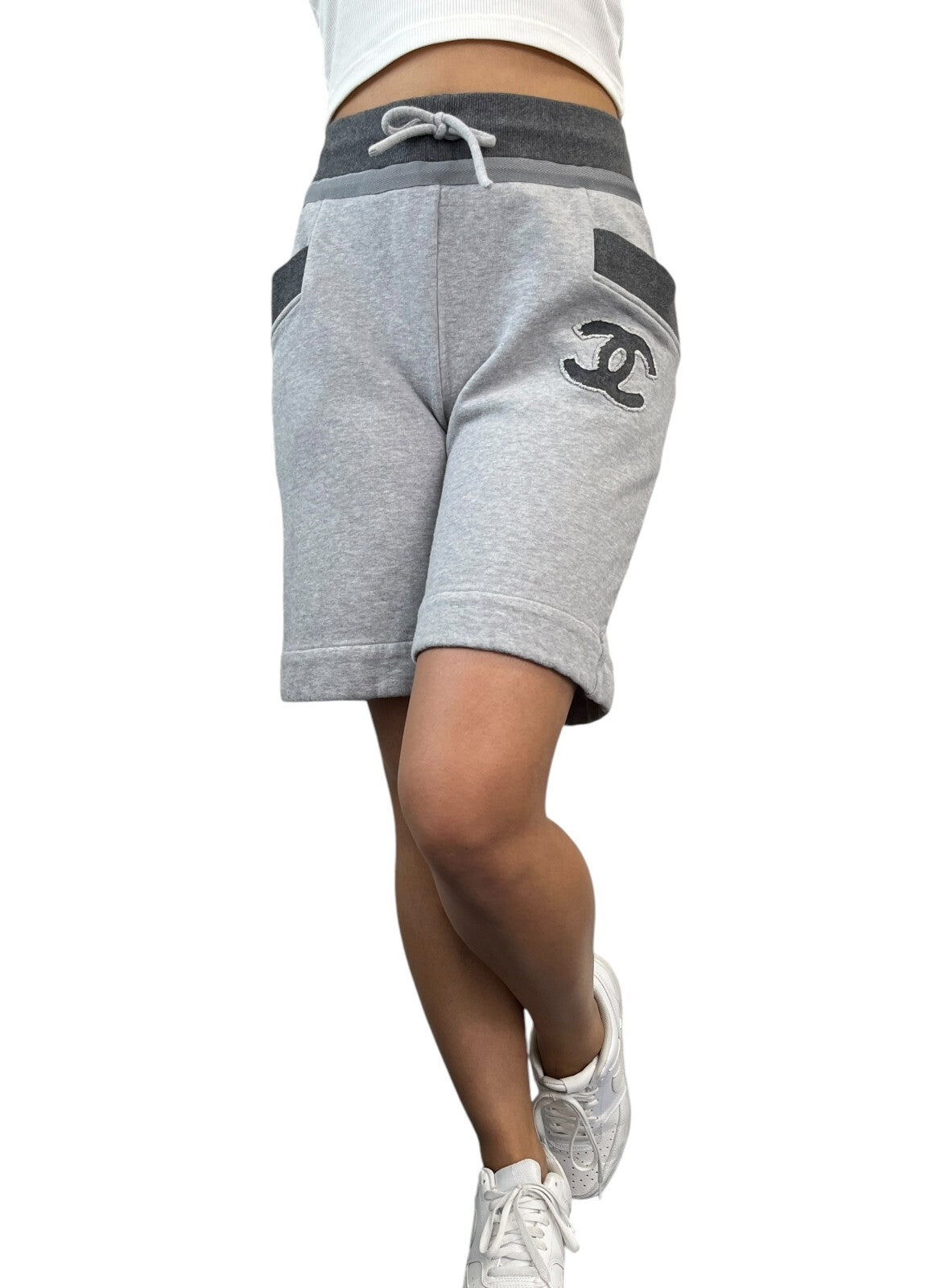 CHANEL Vintage P37999 CC Mark Big Logo Half Pants #34 Sweat Pocket Gray Cotton
