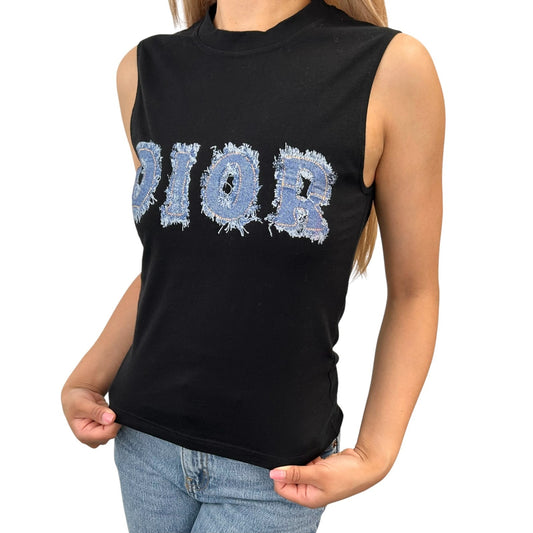 Christian Dior Vintage Logo 2003 Denim Print Tank Top #42 Black Blue Sleeveless
