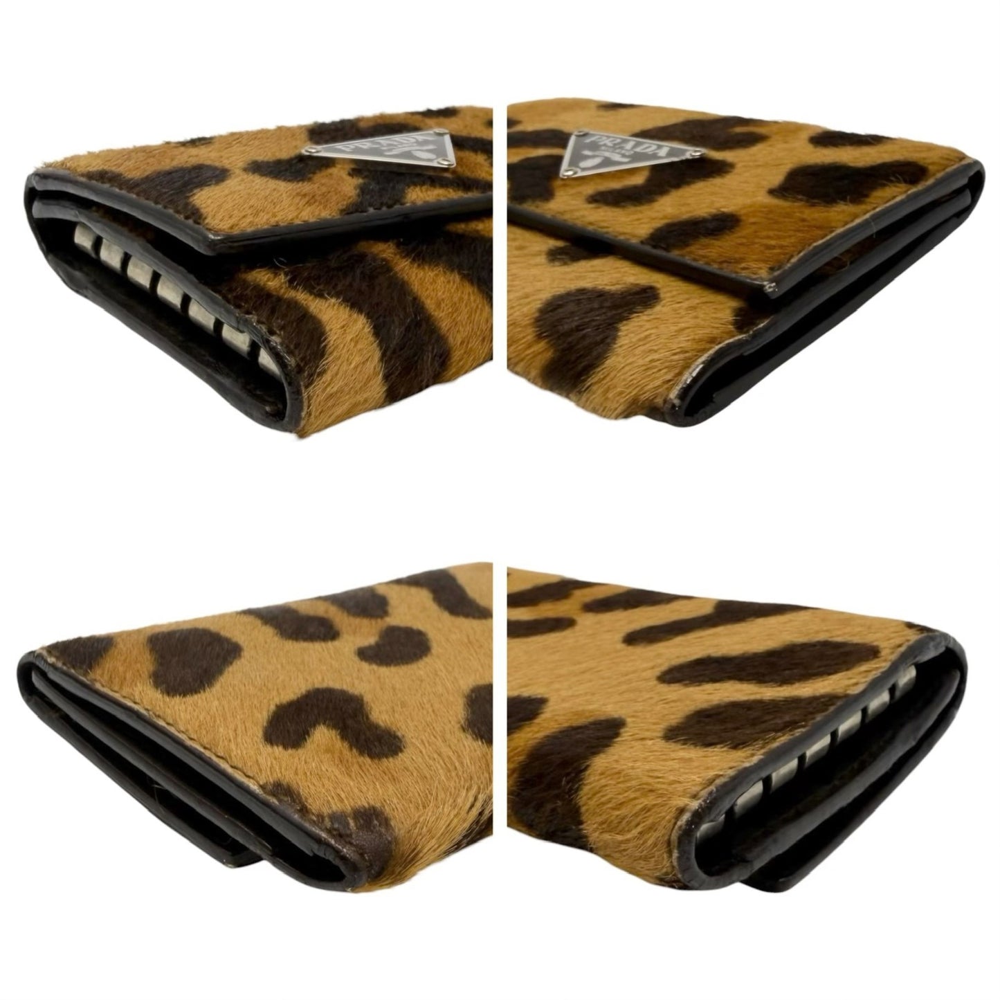 PRADA Vintage Triangle Logo Leopard Pony Hair Mini Key Case Brown Camel 902438
