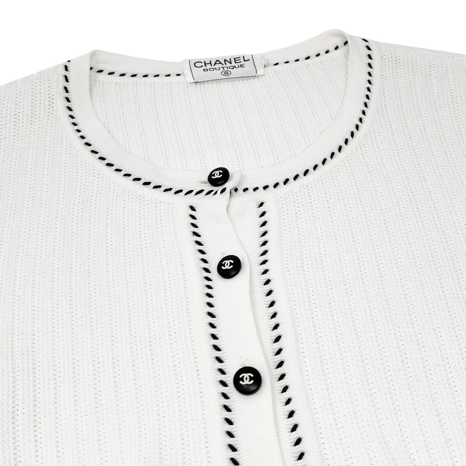 CHANEL Vintage 96P CC Logo Rib Knit Cardigan #38 Top Stitch White Black Cotton
